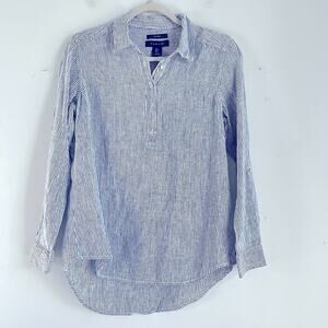 Tahari 100% linen 1/4 button up striped long sleeve pullover blouse top sz S